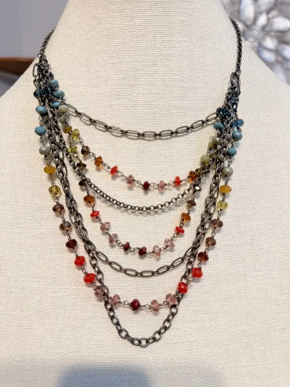 Vintage Fossil Multi Strand Crystal Chain Necklace 15-20”
